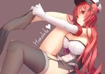  azur_lane bangs black_legwear blush breasts brown_background character_name cleavage commentary_request eyebrows_visible_through_hair gloves heart highres honolulu_(azur_lane) large_breasts long_hair looking_at_viewer parted_lips red_eyes red_hair simple_background solo tatapopo thighhighs twintails 