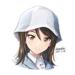  artist_name blue_hat blue_shirt brown_eyes brown_hair closed_mouth dated dress_shirt girls_und_panzer hat keizoku_school_uniform long_hair looking_at_viewer mika_(girls_und_panzer) portrait school_uniform shamakho shirt signature simple_background smile solo striped striped_shirt tsurime vertical-striped_shirt vertical_stripes white_background white_shirt wing_collar 