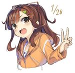 brown_eyes brown_hair commentary_request drawstring hair_ribbon high_school_fleet hood hooded_jacket hoodie irizaki_mei jacket long_hair minutachi open_mouth ponytail red_ribbon ribbon simple_background smile solo upper_body v white_background 