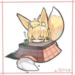  animal animal_ears animal_on_head bangs blonde_hair blush_stickers chibi closed_eyes closed_mouth cup dated eyebrows_visible_through_hair fox fox_ears fox_girl fox_on_head fox_tail green_tea hair_between_eyes head_rest kotatsu multiple_girls on_head original solo_focus table tail tea under_kotatsu under_table white_background yunomi yuuji_(yukimimi) zzz 