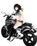  ass bangs black_footwear black_hair boots breasts brown_eyes commentary_request grin ground_vehicle high_heel_boots high_heels highres kurofood looking_at_viewer medium_breasts midriff motor_vehicle motorcycle on_motorcycle original sidelocks simple_background smile solo teeth thigh_boots thighhighs thighs white_background 
