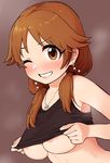  areolae blush breasts brown_eyes brown_hair commentary_request dutch_angle earrings eyebrows_visible_through_hair grin hair_over_shoulder highres idolmaster idolmaster_cinderella_girls jewelry katagiri_sanae long_hair looking_at_viewer low_twintails medium_breasts necklace no_bra omaru_gyuunyuu one_eye_closed shirt_lift simple_background sleeveless smile solo steam sweat tank_top twintails underboob upper_body 
