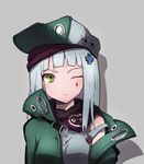  bangs bare_shoulders black_scarf blue_hair blunt_bangs blush buckle coat cosplay facial_mark g11_(girls_frontline) g11_(girls_frontline)_(cosplay) girls_frontline green_coat green_eyes green_hat grey_background hat hk416_(girls_frontline) lips long_hair looking_at_viewer open_clothes open_coat qiancong scarf simple_background solo straight_hair upper_body v-shaped_eyebrows 