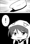  1girl :3 alternate_costume animal_hood bunny_hood chibi comic commentary emphasis_lines eyebrows_visible_through_hair eyes_visible_through_hair greyscale hat hat_removed headwear_removed hood hood_up hoodie kantai_collection meitoro monochrome one-piece_swimsuit peaked_cap shirayuki_(kantai_collection) solo speech_bubble spoken_exclamation_mark swimsuit swimsuit_under_clothes v-shaped_eyebrows 