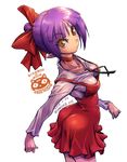  amania_orz ass bow breasts choker commentary_request dress gegege_no_kitarou hair_bow hair_ribbon medium_breasts nekomusume nekomusume_(gegege_no_kitarou_6) pointy_ears purple_hair red_choker red_dress red_ribbon ribbon short_hair slit_pupils solo strap_gap yellow_eyes 