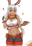  animal_ears bangs belt belt_buckle belt_pouch black_gloves black_shorts black_vest blush bow bow_panties breasts buckle bunny_ears character_name cleavage covered_nipples crop_top crop_top_overhang curry curry_rice dark_skin eyebrows_visible_through_hair floating_heart food food_on_face girls_frontline gloves hair_between_eyes hair_ornament heart hei_yan highres holding holding_food holding_plate holding_spoon large_breasts long_hair looking_at_viewer low_tied_hair midriff navel ns2000_(girls_frontline) open_mouth panties plate pouch red_eyes rice short_shorts shorts shotgun_shells simple_background smile solo spoon underwear vest 