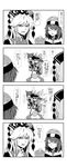  5girls absurdres aura bare_shoulders black_shirt bow chain closed_eyes clownpiece collar collarbone comic commentary crescent dress eyebrows_visible_through_hair floating food fruit greyscale hair_bow hat hecatia_lapislazuli highres hinanawi_tenshi holding_toy junko_(touhou) kikoka_(mizuumi) leaf long_hair monochrome multiple_girls off-shoulder_shirt open_mouth peach polos_crown sash shaded_face shirt short_hair slit_pupils stuffed_animal stuffed_cat stuffed_toy sweatdrop t-shirt tabard touhou translation_request yorigami_shion 