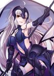  :d absurdres armor armored_dress bangs bare_shoulders black_gloves breasts brown_eyes chain cleavage collarbone commentary_request dress elbow_gloves eyebrows_visible_through_hair fate/grand_order fate_(series) fur-trimmed_legwear fur_trim gloves headpiece highres holding jeanne_d'arc_(alter)_(fate) jeanne_d'arc_(fate)_(all) large_breasts leaning_forward long_hair looking_at_viewer navel open_mouth purple_dress purple_legwear silver_hair simple_background smile solo thighhighs v-shaped_eyebrows vambraces very_long_hair wakagi_repa white_background 