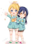  arm_grab ayase_eli bangs blonde_hair blue_eyes blue_hair blue_shirt blush braid child commentary_request crying hair_between_eyes highres holding kindergarten_uniform long_hair long_sleeves looking_at_viewer love_live! love_live!_school_idol_project multiple_girls open_mouth ponytail school_uniform shirt simple_background sonoda_umi standing suito throwing white_background younger 