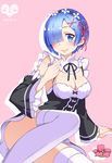  absurdres arm_support black_bow black_ribbon blue_eyes blue_hair blush bow breasts cleavage convenient_leg dated detached_sleeves flower frilled_sleeves frills hair_ornament hair_over_one_eye hair_ribbon highres large_breasts long_sleeves looking_at_viewer maid_headdress pink_background pink_ribbon pointing pointing_at_self re:zero_kara_hajimeru_isekai_seikatsu rem_(re:zero) ribbon short_hair sitting smile solo thighhighs thighs underbust white_legwear wide_sleeves x_hair_ornament yang_miee_miee yokozuwari 