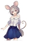  :d absurdres alternate_costume animal_ears bangs blue_skirt brown_eyes buttons cowboy_shot eyebrows_visible_through_hair grey_hair highres looking_at_viewer mouse_ears mouse_tail nazrin open_mouth pleated_skirt shugao simple_background skirt smile solo tail touhou white_background 