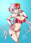  areola_slip areolae bikini blue_background blush breasts highres large_breasts navel purple_eyes senki_zesshou_symphogear senki_zesshou_symphogear_xd_unlimited simple_background solo swimsuit swimwear tamo_(nama-yatsuhashi) white_hair yukine_chris 