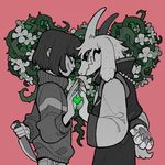  &lt;3 abstract_background ambiguous_gender anthro black_sclera boss_monster caprine chara_(undertale) claws clothed clothing duo flower fully_clothed fur goat god_of_hyperdeath green_theme grey_fur horn human humanoid_hands jewelry juanmao1997 knife mammal monochrome necklace plant red_background side_view simple_background smile soul standing sweater touching_hands undertale video_games vines 