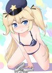  absurdres arm_support bangs bare_arms bare_shoulders bikini black_ribbon blonde_hair blue_bikini blue_eyes blue_hat breasts cuffs eyebrows_visible_through_hair girls_frontline hair_between_eyes hair_ribbon handcuffs hat highres kneeling long_hair looking_at_viewer navel note2000 parted_lips peaked_cap ribbon small_breasts smile solo star super_shorty_(girls_frontline) swimsuit two_side_up v-shaped_eyebrows very_long_hair 