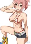  ;q arm_at_side belt belt_buckle bikini bikini_under_clothes body_blush bracelet breasts brown_eyes buckle chain cleavage commentary_request cowboy_shot cross cross_necklace denim denim_shorts earrings eyelashes fingernails groin hand_up heart heart_earrings high_heels highres idolmaster idolmaster_cinderella_girls jewelry jougasaki_mika leg_up legs_apart licking_lips long_fingernails looking_at_viewer medium_breasts micro_bikini nail_polish necklace one_eye_closed pink_hair pink_nails ponytail shoelaces short_shorts shorts sideboob simple_background smile solo standing stomach strap_gap string_bikini suna swimsuit teeth tongue tongue_out underboob v white_background white_belt 