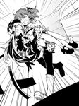  abigail_williams_(fate/grand_order) ahoge bangs blush boots bow carrying chaldea_uniform commentary crying dress fate/grand_order fate_(series) fujimaru_ritsuka_(female) greyscale hair_bow hair_ornament hair_scrunchie hat in_kai long_hair monochrome multiple_girls open_mouth pantyhose parted_bangs princess_carry running scrunchie shoes sleeves_past_fingers sleeves_past_wrists sweat tears yuri 