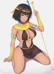  ankh armlet band-width bangs black_hair blunt_bangs breasts circlet covered_nipples dark_skin egyptian egyptian_clothes eyebrows_visible_through_hair full_body gold green_eyes highres jewelry large_breasts looking_at_viewer navel necklace original revealing_clothes ring see-through short_hair simple_background sitting smile solo staff underbust vambraces wariza 