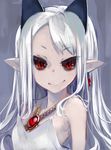  bare_shoulders black_sclera closed_mouth code-aa commentary_request disgaea dress gem highres horns jewelry looking_at_viewer pale_skin phantom_kingdom pointy_ears pram red_eyes slit_pupils smile solo upper_body white_dress white_hair 