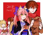 2018 3girls ahoge alternate_costume animal_ears blonde_hair blue_bow blush bow brown_eyes brown_hair closed_eyes commentary_request dual_persona ema ensm facing_another fate/extra fate_(series) flower fox_ears hair_bow hair_flower hair_ornament hair_up japanese_clothes kimono kishinami_hakuno_(female) kishinami_hakuno_(male) long_sleeves looking_at_another multiple_girls nero_claudius_(fate) nero_claudius_(fate)_(all) open_mouth smile tamamo_(fate)_(all) tamamo_no_mae_(fate) wide_sleeves writing yellow_eyes 