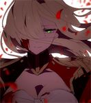  bad_id bad_pixiv_id blonde_hair blood blood_on_face blurry blurry_background blurry_foreground breasts cleavage closed_mouth commentary depth_of_field dress fate/extra fate_(series) floating_hair green_eyes hair_over_one_eye hiiragi_fuyuki large_breasts looking_at_viewer nero_claudius_(fate) nero_claudius_(fate)_(all) petals red_dress rose_petals sad_smile smile solo upper_body white_background 