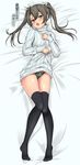  :o alternate_costume ass_visible_through_thighs bad_id bad_pixiv_id bangs bed_sheet black_legwear bow bow_panties brown_hair clothes_lift dakimakura dress from_above full_body green_eyes green_panties hair_ribbon head_tilt highres kantai_collection lifted_by_self long_hair long_sleeves lying no_shoes on_back open_mouth panties raised_eyebrows ribbon solo sweater sweater_dress sweater_lift thigh_gap thighhighs translated turtleneck turtleneck_sweater twintails underwear white_bow white_dress white_ribbon z5987 zuikaku_(kantai_collection) 