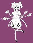  commentary_request cup extra_eyes fangs high_heels holding holding_cup insect_girl leg_up looking_at_viewer mamimu_(ko_cha_22) monochrome monster_girl muffet multiple_arms one_eye_closed open_mouth puffy_short_sleeves puffy_shorts puffy_sleeves purple_background short_hair short_sleeves shorts sketch smile solo spider_girl teacup teapot undertale 
