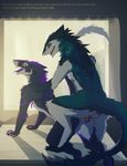  2018 4_fingers 4_toes all_fours anthro anthro_on_anthro balls black_fur blue_eyes clenched_teeth clitoral_hood digitigrade doggystyle duo erection female from_behind_position fur green_eyes green_fur hand_on_back looking_pleasured male male/female multicolored_fur neck_tuft penetration penis purple_fur purple_tongue pussy red_penis sergal sex sharp_teeth sidgi teeth toes tongue tongue_out tuft vaginal vaginal_penetration white_fur 