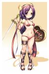  1girl ahoge armlet athena_(series) bangs bikini border bracelet breasts chabo_(fuketsudan) fingerless_gloves gloves gradient gradient_background hairband highres jewelry long_hair navel princess_athena purple_eyes purple_hair red_bikini sandals shield single_glove small_breasts snk solo swimsuit sword thighlet weapon white_border 
