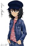  andou_(girls_und_panzer) artist_name bangs bc_freedom_(emblem) black_eyes black_hair blue_hat blue_jacket blue_pants bukkuri cabbie_hat casual character_name closed_mouth cowboy_shot cursive dark_skin dated denim denim_jacket emblem girls_und_panzer hands_in_pockets hat jacket jeans light_frown long_sleeves looking_at_viewer medium_hair messy_hair open_clothes open_jacket pants red_shirt shirt signature simple_background sketch solo standing striped striped_shirt white_background 