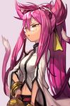  animal_ears bell blazblue bracelet cigarette dress glasses grey_background hair_between_eyes half-closed_eyes hand_on_hip hankuri jewelry jingle_bell kokonoe long_hair long_sleeves mouth_hold multiple_tails navel oversized_object ponytail purple_hair simple_background smoking solo standing tail thick_eyebrows two_tails upper_body very_long_hair white_dress wide_sleeves 