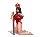  brown_hair commentary crown fur_collar highres holding jungon_kim kneeling long_hair looking_at_viewer open_mouth original shadow solo sword thighs weapon white_background 