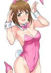  animal_ears bob_cut bow bowtie breasts brown_eyes brown_hair bunny_ears bunny_pose bunny_tail bunnysuit cowboy_shot detached_collar hagiwara_yukiho high_heels highres idolmaster idolmaster_(classic) leotard looking_at_viewer medium_breasts open_mouth pink_leotard pink_neckwear short_hair simple_background smile solo strapless strapless_leotard tail tsurui white_background wrist_cuffs 