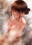  absurdres asaba0327 bangs bathing between_breasts blunt_bangs blush breasts brown_eyes brown_hair collarbone fingernails folded_ponytail groin hand_between_breasts hand_on_own_chest highres large_breasts looking_at_viewer nipples nose_blush nude onsen original partially_submerged pubic_hair rock shiny shiny_skin short_hair sidelocks sitting solo steam sweat thigh_gap water 