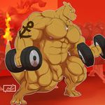  2017 3_toes 4_fingers abs anthro anthrofied balls barefoot biceps big_muscles biped blue_eyes brown_horn brown_scales brown_tail charizard charkonian_graotl_ard circumcision_request clenched_teeth clothed clothing danandnite detailed_background digital_media_(artwork) dragon dumbbell exercise eye_scar facial_scar fan_character flaccid flaming_tail foreskin front_view full-length_portrait gym holding_object horn humanoid_penis inside jewelry long_tail male muscular muscular_male navel necklace nintendo nipples nude pecs pendant penis pink_nipples pok&eacute;mon pok&eacute;mon_(species) pok&eacute;morph portrait quads scales scalie scar signature snout solo standing tattoo teeth thick_tail toes topless uncut video_games weightlifting weights workout 