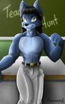  anthro black_hair blue_fur canine clothed clothing countershading fur fureverick hair hi_res male mammal muscular solo wolf yellow_eyes 