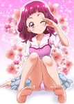  ;) bare_legs barefoot commentary_request floral_background hair_ornament hanzou highres hugtto!_precure nono_hana one_eye_closed panties pink_background pink_eyes pink_hair pink_panties precure salute short_hair sitting smile solo underwear x_hair_ornament 