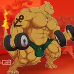  2017 3_toes 4_fingers abs anthro anthrofied barefoot biceps big_muscles biped blue_eyes boxers_(clothing) brown_horn brown_scales brown_tail bulge charizard charkonian_graotl_ard clenched_teeth clothed clothing danandnite detailed_background digital_media_(artwork) dragon dumbbell exercise eye_scar facial_scar fan_character flaming_tail front_view full-length_portrait green_bottomwear green_clothing green_underwear gym holding_object horn inside jewelry long_tail male muscular muscular_male navel necklace nintendo nipples pecs pendant pink_nipples pok&eacute;mon pok&eacute;mon_(species) pok&eacute;morph portrait quads scales scalie scar signature snout solo standing tattoo teeth thick_tail toes topless underwear video_games weightlifting weights workout 