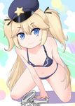  absurdres arm_support bangs bare_arms bare_shoulders bikini black_ribbon blonde_hair blue_bikini blue_eyes blue_hat breasts closed_mouth cuffs eyebrows_visible_through_hair girls_frontline hair_between_eyes hair_ribbon handcuffs hat highres kneeling long_hair looking_at_viewer navel note2000 peaked_cap ribbon small_breasts smile solo star super_shorty_(girls_frontline) swimsuit two_side_up very_long_hair 