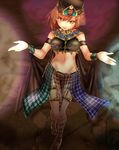  adapted_costume armlet blush bracelet cape commentary_request dancer egyptian egyptian_clothes hat head_tilt hecatia_lapislazuli highres jewelry looking_at_viewer midriff navel outstretched_arms plaid plaid_skirt red_eyes red_hair short_hair shounen_(hogehoge) skirt smile solo spread_arms touhou 