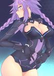  blue_eyes blush braid breasts cleavage cleavage_cutout covered_navel cowboy_shot dura hands_on_own_stomach highres large_breasts leotard long_hair looking_at_viewer looking_to_the_side neptune_(series) open_mouth power_symbol purple_hair purple_heart skin_tight solo symbol-shaped_pupils twin_braids twintails 