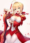  :d aestus_estus ahoge banned_artist blonde_hair blush breast_hold breasts cleavage cleavage_cutout cowboy_shot dress epaulettes eyebrows_visible_through_hair fate/extra fate_(series) green_eyes hair_intakes hair_ribbon head_tilt holding holding_sword holding_weapon juliet_sleeves kyoeiki long_sleeves looking_at_viewer medium_breasts nero_claudius_(fate) nero_claudius_(fate)_(all) open_mouth petals pink_background puffy_sleeves red_dress red_ribbon ribbon round_teeth see-through shiny shiny_hair short_hair sidelocks simple_background smile solo standing sword teeth thigh_gap weapon 