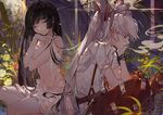  ;) arm_support artist_name barefoot black_eyes black_hair boots bow bracelet breasts chain cigarette clothed_female_nude_female collared_shirt commentary_request copyright_name covering covering_breasts cross-laced_footwear fujiwara_no_mokou hair_bow half-closed_eyes head_rest hime_cut houraisan_kaguya jewelry kawacy lace-up_boots long_hair medium_breasts multiple_girls navel nude ofuda one_eye_closed pants plant ponytail red_eyes red_pants shirt silver_hair sitting smile smoke smoking stomach suspenders topless touhou very_long_hair wet wet_clothes white_bow white_shirt 