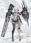  bad_id bad_pixiv_id black_legwear black_shorts bridal_gauntlets cancell elbow_gloves full_body gloves headgear highres long_hair looking_at_viewer mecha_musume original pigeon-toed science_fiction short_shorts shorts single_thighhigh solo standing thighhighs weapon white_eyes white_hair 