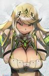  bare_shoulders blonde_hair blush breasts cleavage commentary_request eric_muentes eyebrows_visible_through_hair gloves hands_on_own_cheeks hands_on_own_face hikari_(xenoblade_2) large_breasts long_hair looking_at_viewer rex_(xenoblade_2) solo xenoblade_(series) xenoblade_2 yellow_eyes 