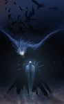  ambiguous_gender ambiguous_species avian bird black_feathers claws clothing dark_theme detailed_background duo feathered_wings feathers flying glowing glowing_eyes hi_res humanoid_face night ominous orange_eyes robe sky star stargrave starry_sky tail_feathers unknown_species wings 