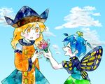  antennae black_hat blonde_hair blue_hair blue_sky blush butterfly_wings closed_eyes cloud day eternity_larva facing_another flower giving hat kokeshi_(yoi_no_myoujou) leaf leaf_on_head long_hair long_sleeves looking_at_another matara_okina multiple_girls open_mouth short_hair short_sleeves sky sweat tabard touhou wide_sleeves wings yellow_eyes yellow_wings 