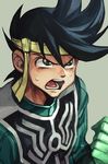  black_eyes black_hair clenched_hand dragon_quest dragon_quest_dai_no_daibouken frown gloves green_gloves green_jacket grey_background hankuri headband jacket male_focus open_mouth pop_(dragon_quest_dai_no_daibouken) simple_background solo sweatdrop tongue 