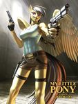 2017 abs anthro belt braided_hair breasts brick brick_wall cleavage clothed clothing crossover daring_do_(mlp) english_text equine eyebrows eyelashes feathered_wings feathers female fingerless_gloves friendship_is_magic fully_clothed gloves grey_hair grin gun hair handgun hi_res holding_object holding_weapon holster inside japanese_text lara_croft looking_at_viewer makeup mammal mascara murskme my_little_pony pegasus pistol portrait pose purple_eyes ranged_weapon ruins shirt shorts signature smile smoke solo sunlight tank_top teeth text three-quarter_portrait tomb_raider weapon wings 