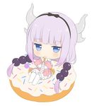  bangs black_bow blue_eyes blunt_bangs blush bow chibi commentary doughnut dress english_commentary eyebrows_visible_through_hair food hair_bow hairband hitsukuya holding horns in_food kanna_kamui kobayashi-san_chi_no_maidragon long_hair long_sleeves looking_at_viewer low_twintails minigirl pink_dress purple_hair simple_background sitting solo thighhighs twintails very_long_hair white_background white_legwear 