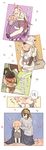  akita_toushirou aran_sweater blue_hair blush borrowed_garments brown_hair carrying closed_eyes comic covering hat highres hug hug_from_behind ima-no-tsurugi ishikirimaru iwatooshi jacket_on_shoulders kogitsunemaru male_focus meme_attire mikazuki_munechika multiple_boys petals piggyback pink_hair shared_clothes sweater tasuki touken_ranbu underwear virgin_killer_sweater yucca_(yasabana) 